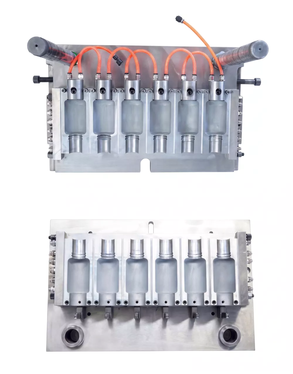 IBM blow mold open showing bottle cavity and cooling channel layout
